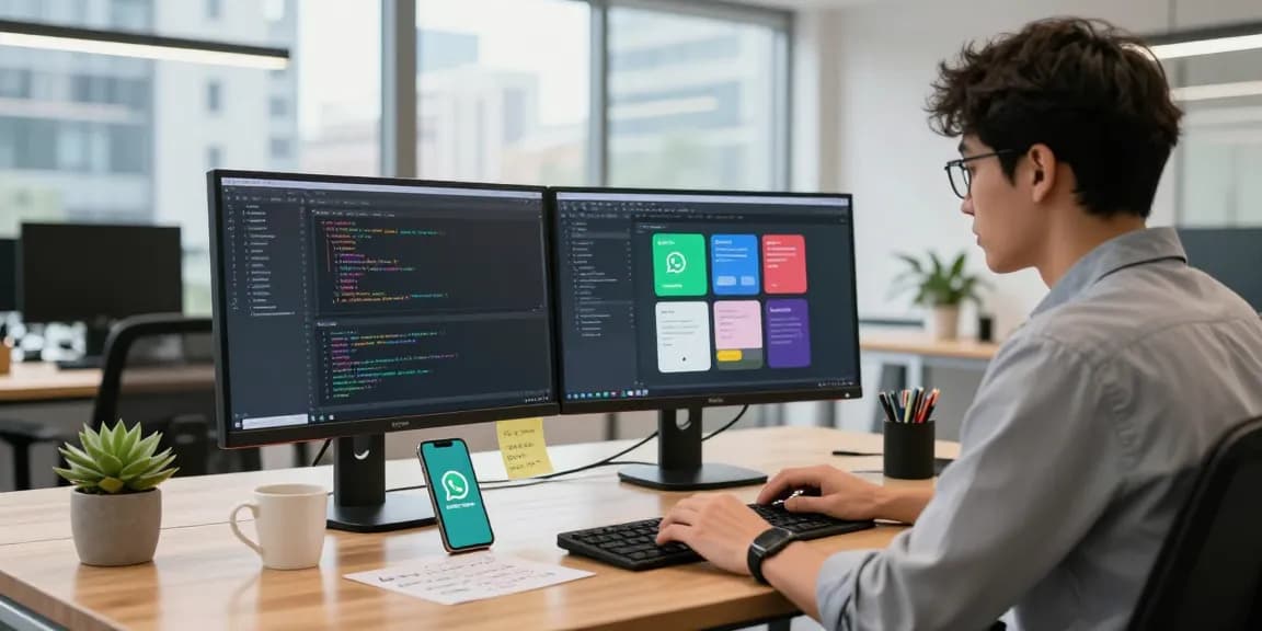 WhatsApp下載 workspace scene with a developer coding and designing mobile apps, showcasing modern tech elements and an inspiring environment.