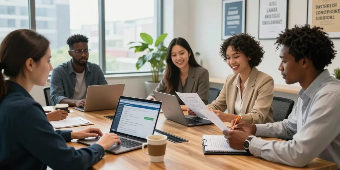 RadCred.com team collaborating on personal loans in a modern office setting.