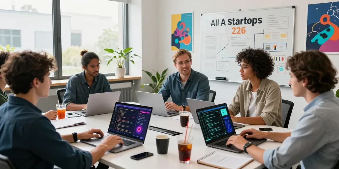 A diverse team brainstorming about AI startups 2026 in a modern workspace