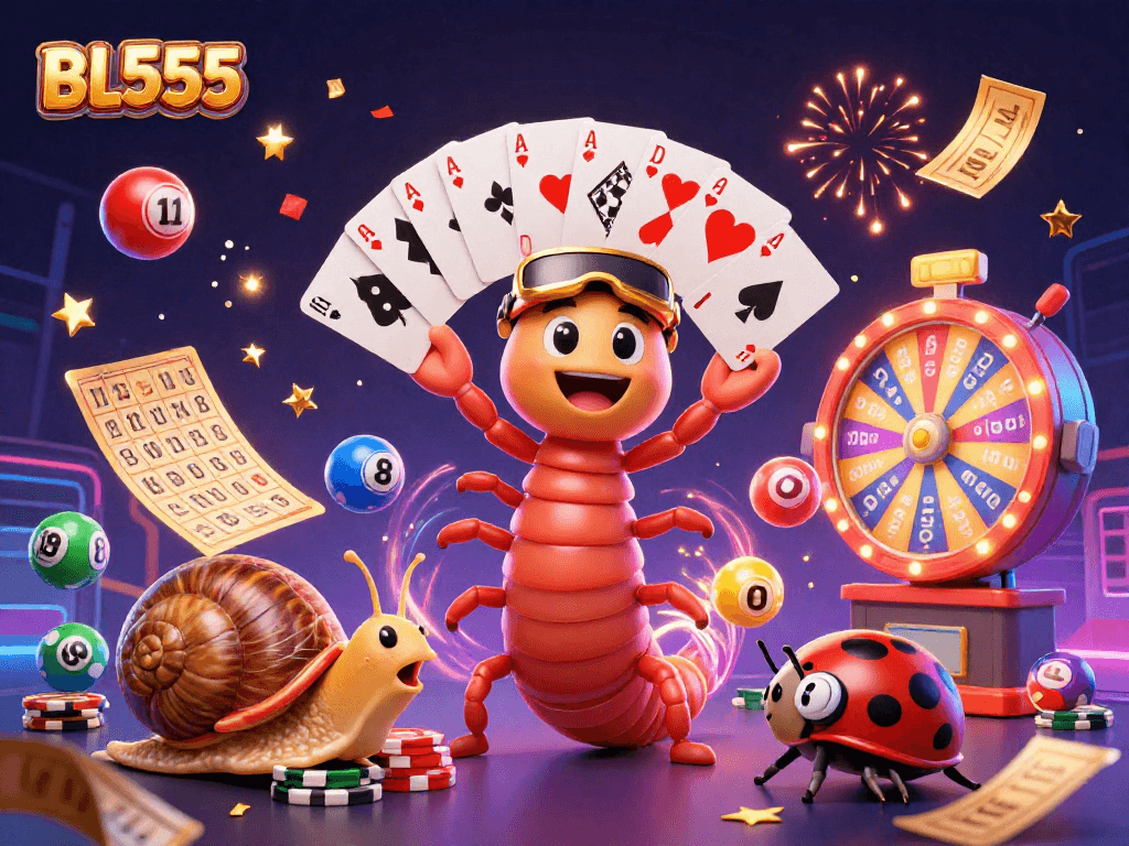 Play exciting lottery games at BL555 with dynamic characters and vibrant colors, showcasing casino fun.