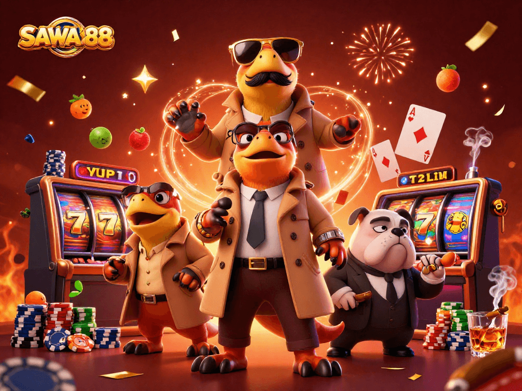 Experience the excitement of SAWA888 as cartoon raptors play casino, filled with slot reels and vibrant decorations.