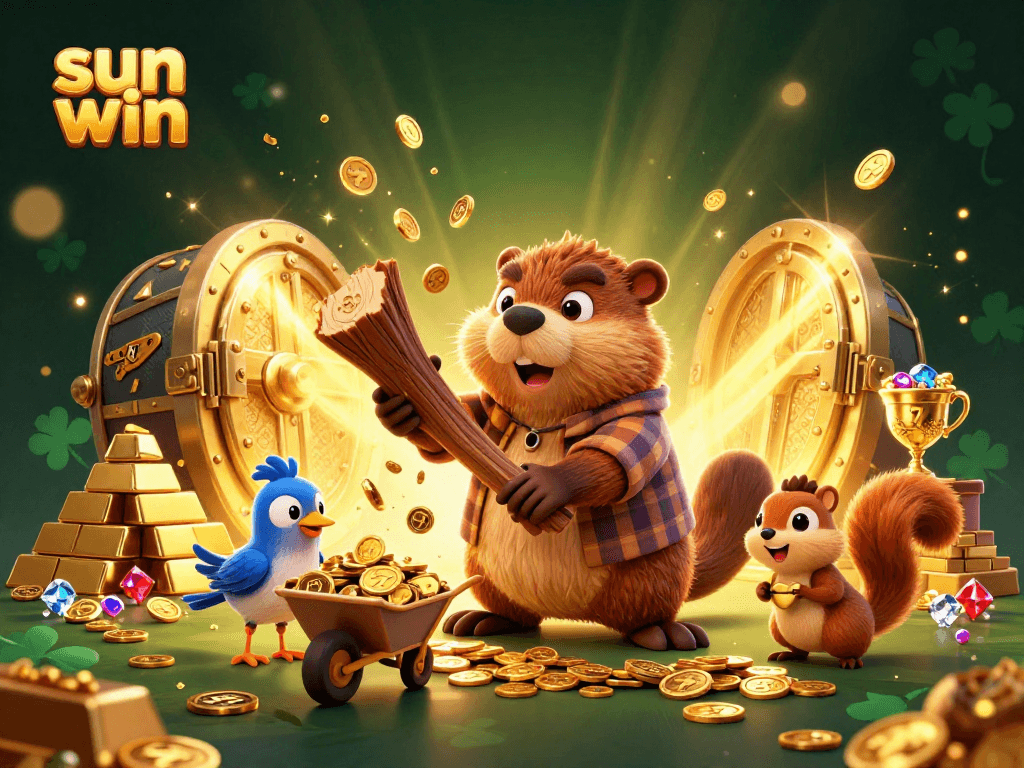 Watch the sun win as a lumberjack beaver collects gold coins amidst vibrant casino elements.