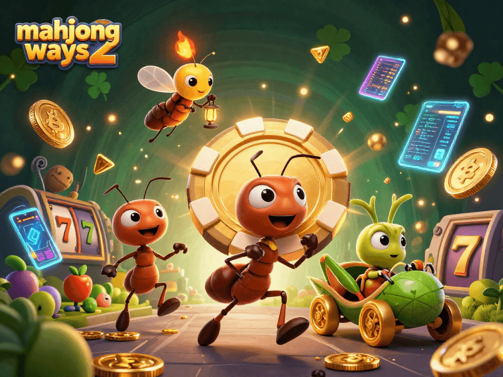 Engage with thrilling mahjong ways 2 action where playful ants navigate a casino heist amidst vibrant slot symbols.