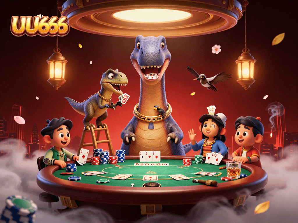 Experience the thrills at UU666 with an engaging 3D gaming scene featuring a giant brontosaurus overseeing a lively poker game.