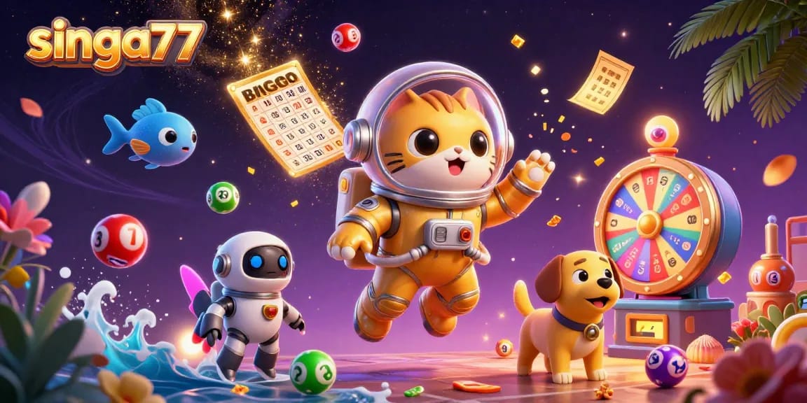 Singa77 captures excitement with a vibrant lottery scene featuring characters in a cosmic environment.