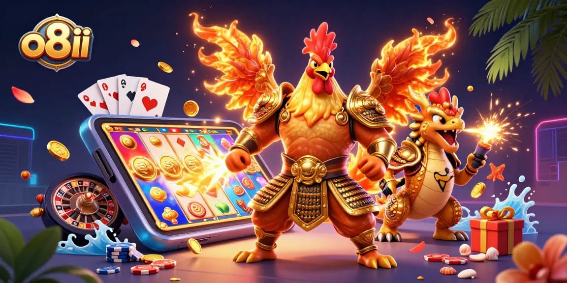 Engage with the thrilling world of o8ii featuring a rooster warrior, dragon hatchling, and dynamic gaming elements.