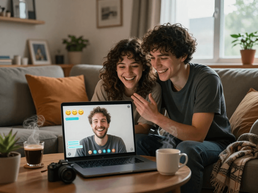 Young couple enjoying a playful sexchat on their laptop in a cozy living room.