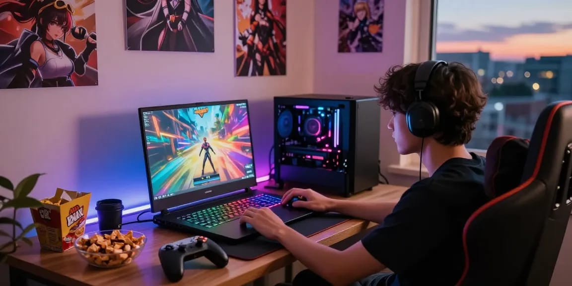 Engaging player enjoying hentai games on a vibrant gaming setup during dusk.