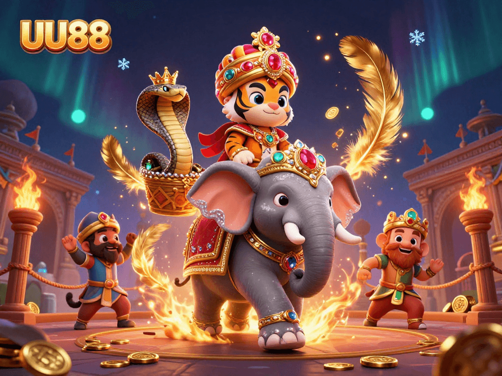 Experience thrilling gameplay at UU88 with a vibrant illustration featuring a majestic maharaja and his elephant.