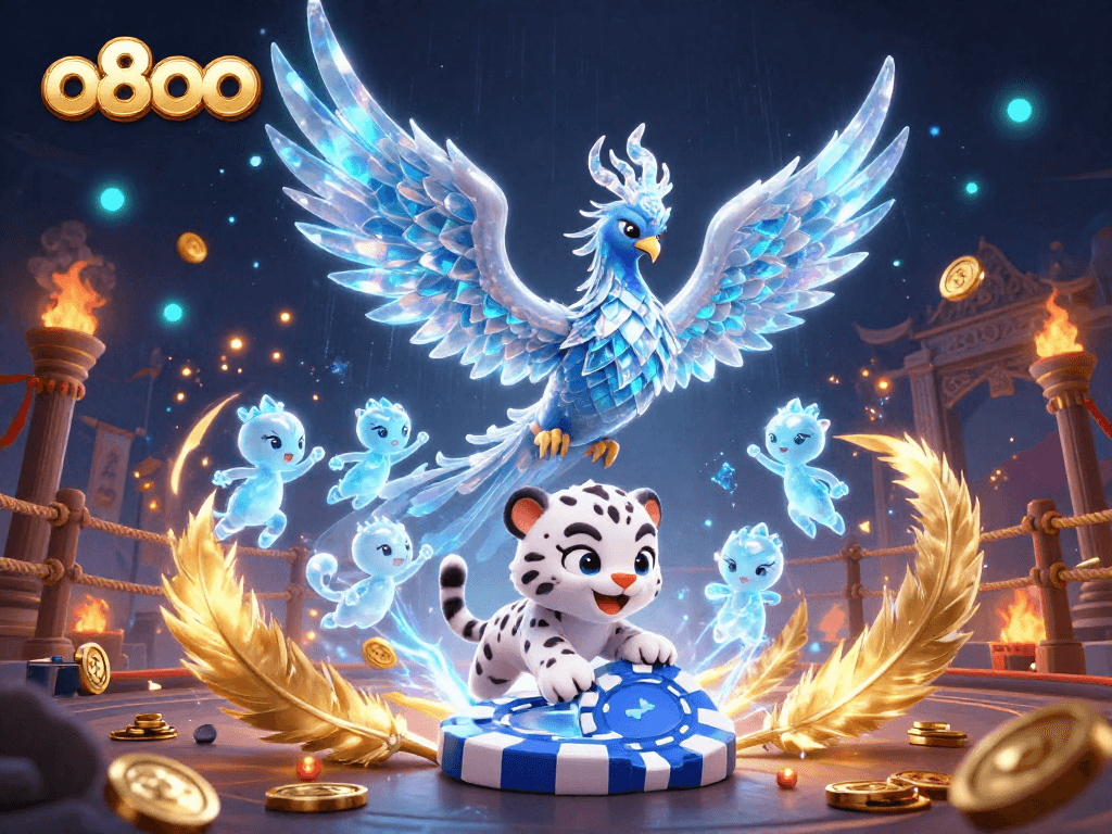 Experience the dynamic world of o8oo with an ice phoenix and vibrant casino elements.