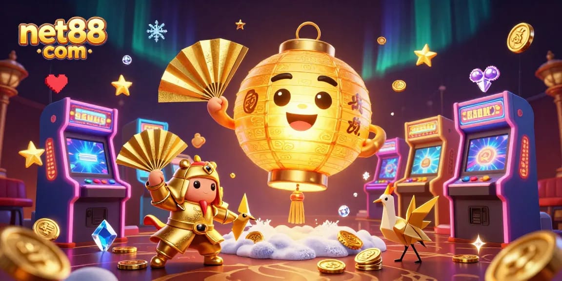 Experience the excitement of net88 com with a vibrant casino night scene featuring golden lantern spirits.