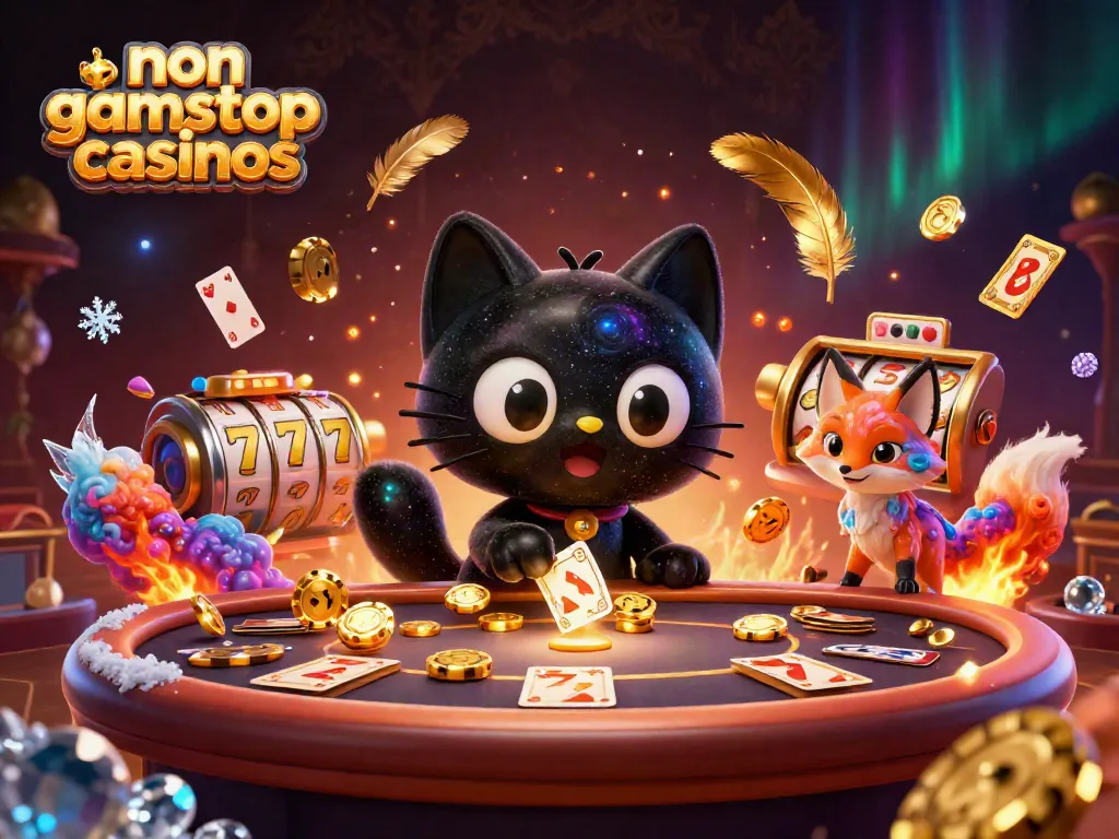 Engage with non gamstop casinos in a vibrant cosmic scene featuring a black hole cat and nebula fox.