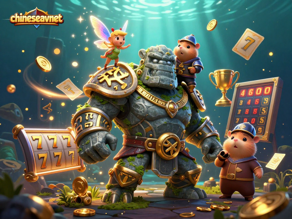 Experience gaming actions with chineseavnet's vibrant characters amidst slot reels and golden elements.