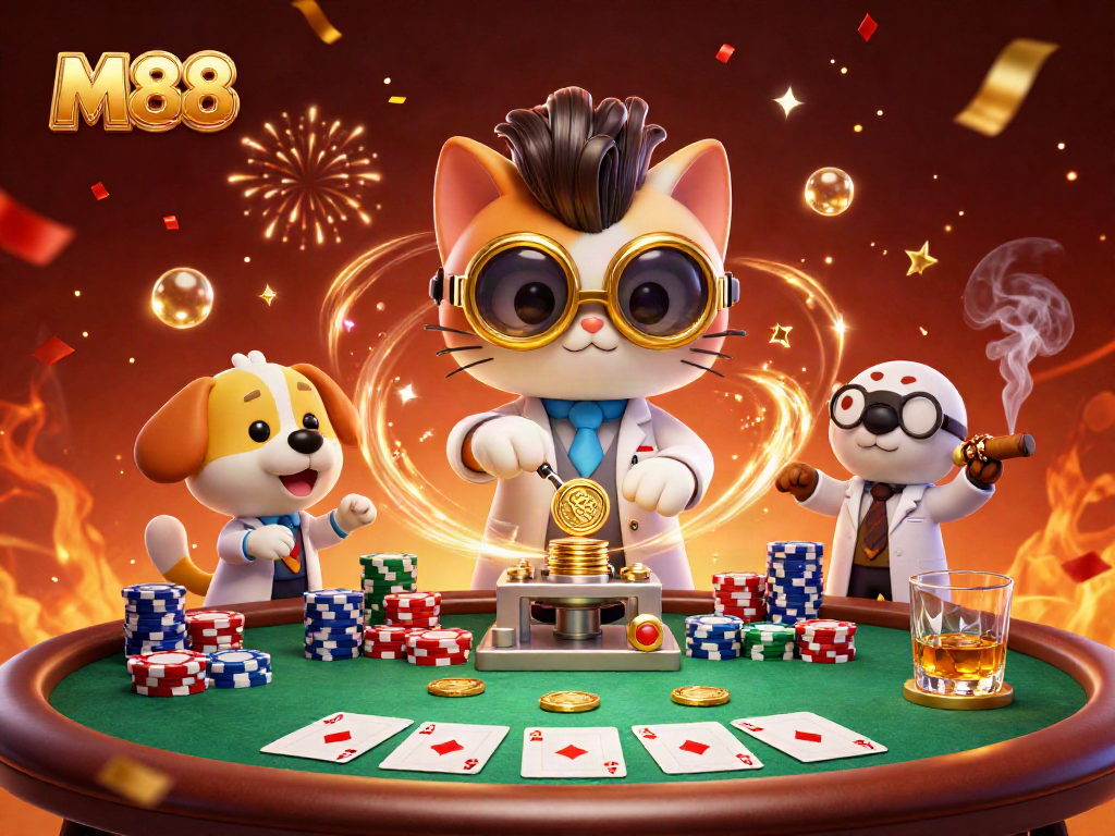M88 brings action with a busy casino scene featuring vibrant poker tables and playful characters.