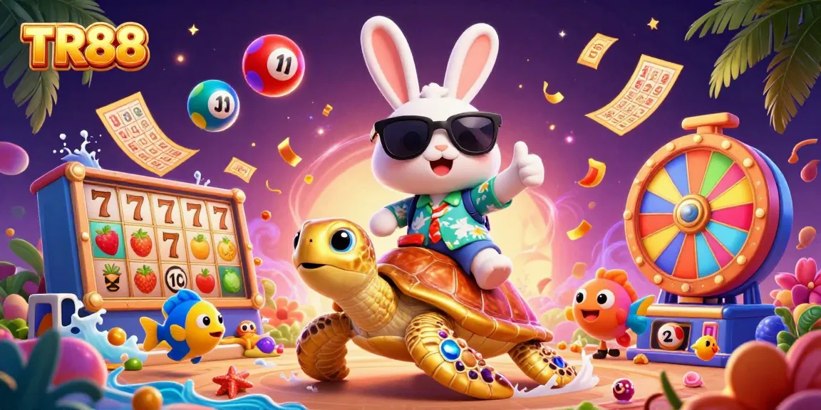 Experience the excitement of TR88 casino with a dynamic illustration featuring a lucky rabbit and a golden turtle engaging with vibrant game elements.