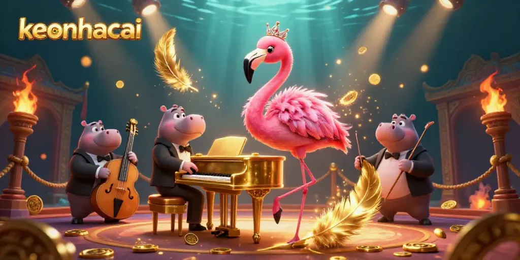 Experience keonhacai excitement with a vibrant 3D illustration of animated characters set in a lively casino scene filled with musical flair and betting energy.