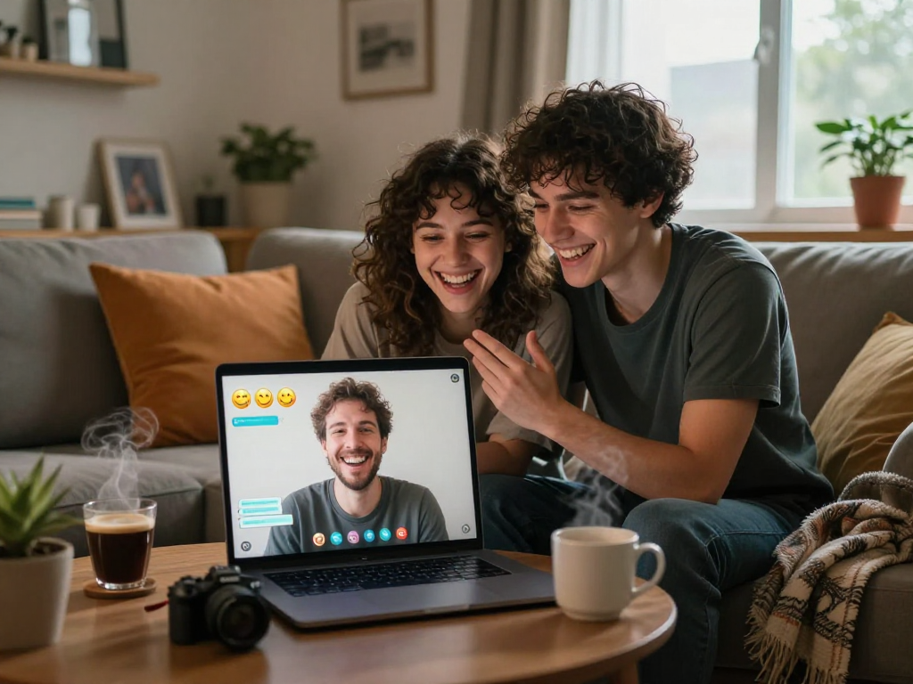 Young couple enjoying a playful sexchat on their laptop in a cozy living room.