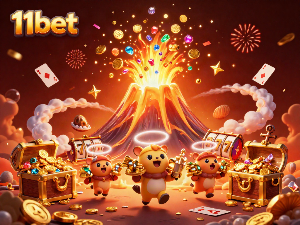 Engage with the thrilling adventure of 11bet as a golden volcano erupts treasures in a vibrant casino setting.