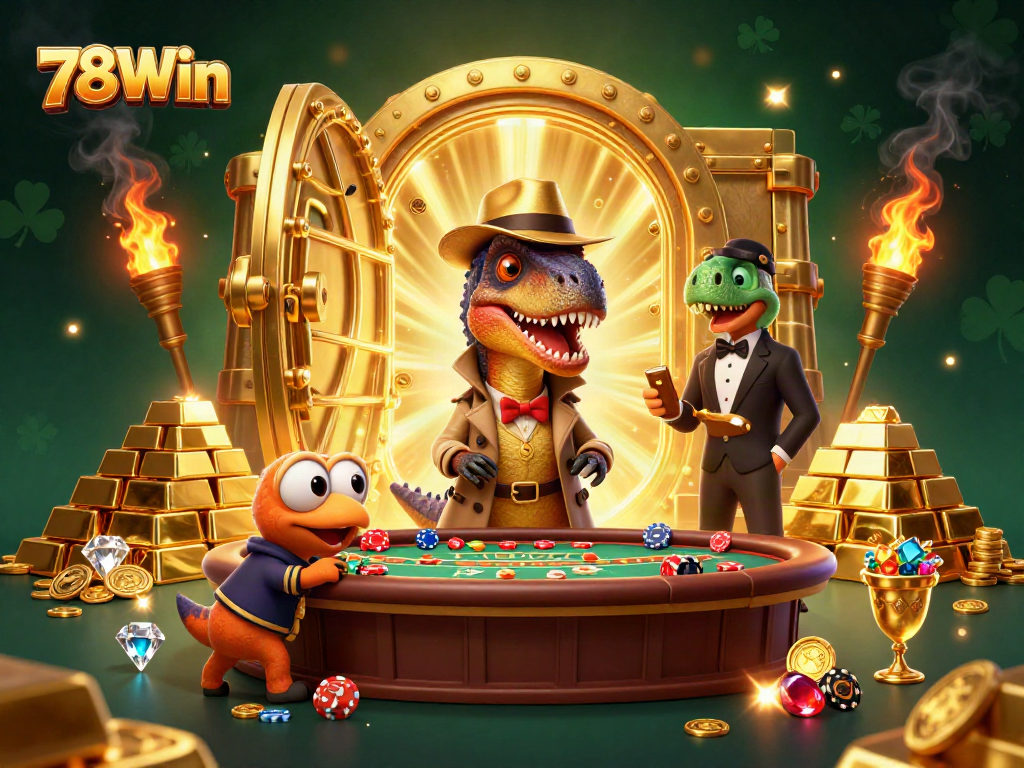 Engage in thrilling gameplay with 78Win as a sly velociraptor attempts to count cards at a bustling blackjack table.