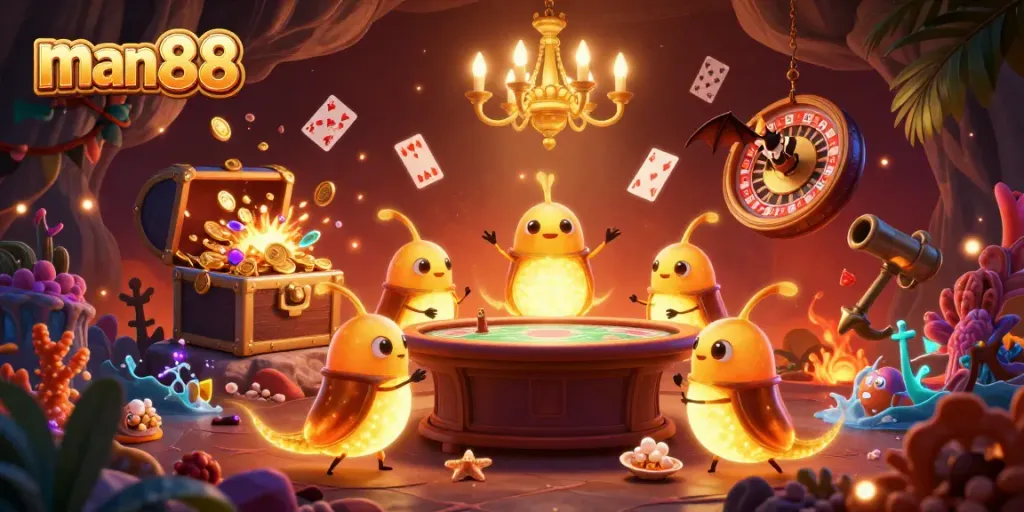 Join the exciting world of man88 casino with glowworms and gold in a vibrant 3D scene.