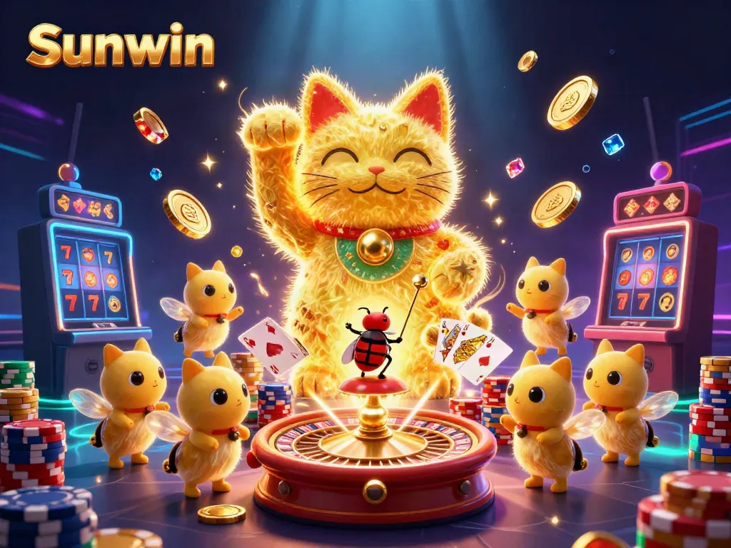 Engage with the thrilling world of Sunwin through a vibrant 3D casino illustration showcasing lucky symbols.