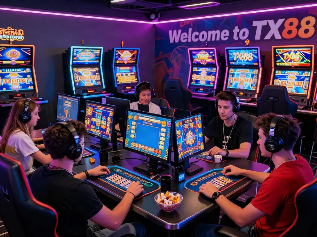 Engaging scene at trang chủ tx88 with friends in a lively gaming setup enjoying slot machines and card games.