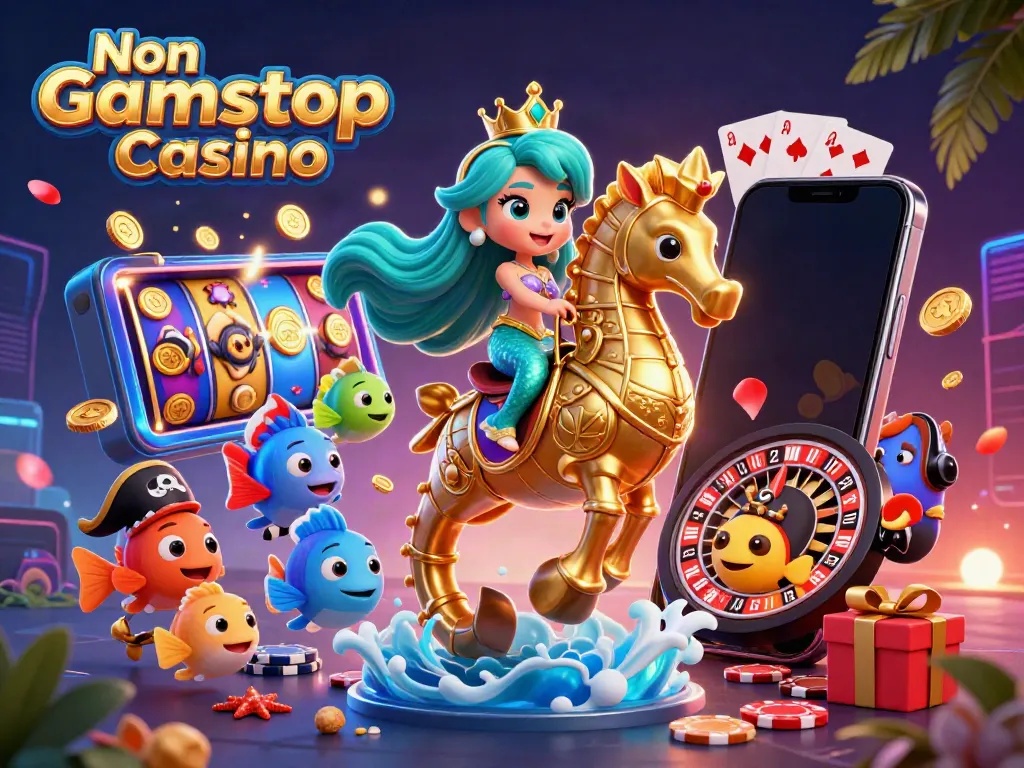 Engaging Non Gamstop Casino scene featuring a mermaid, seahorse, and casino elements.