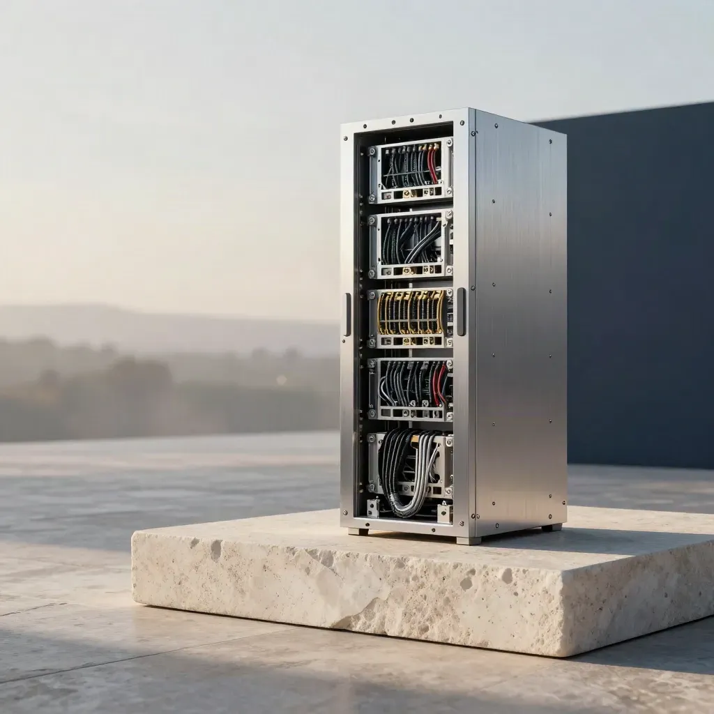 Aluminium server chassis and braided ethernet components on stone in cool dawn light.