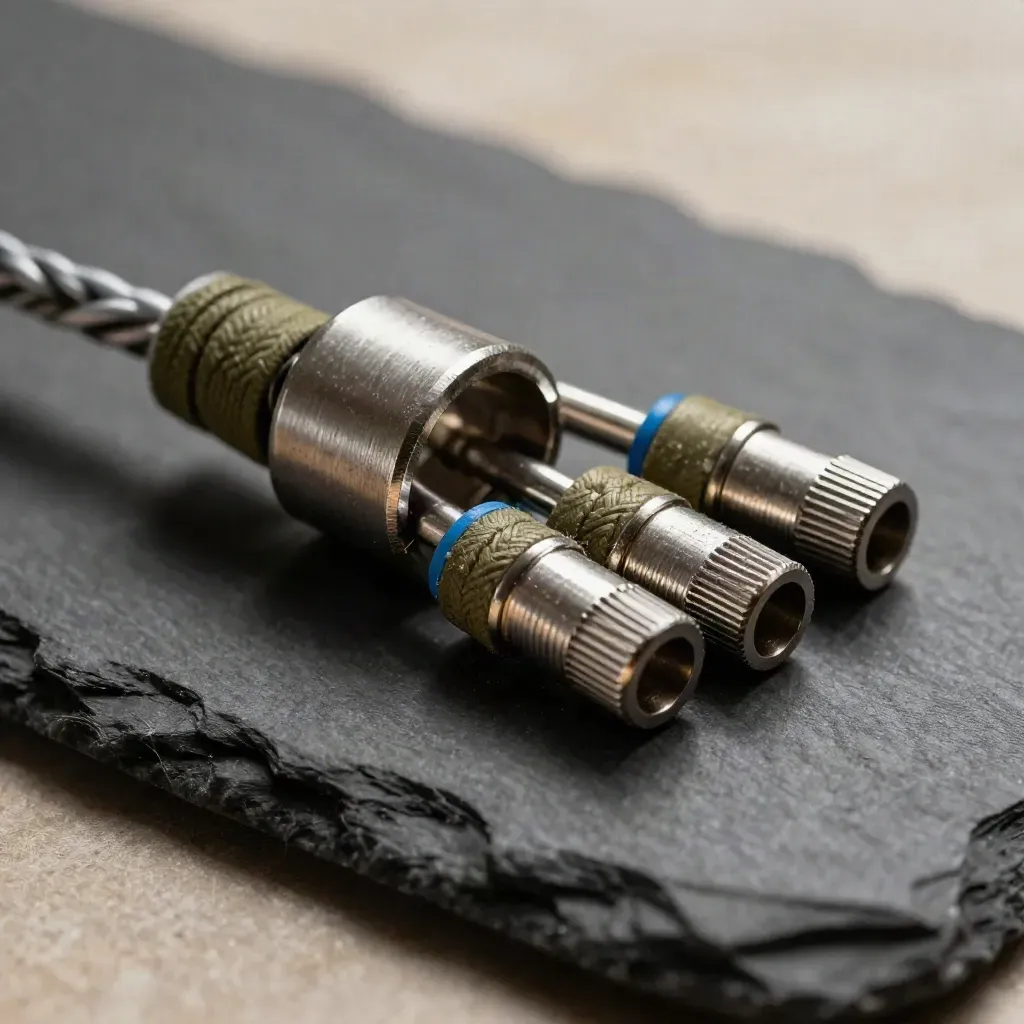 Macro of metal rings, connector hub and cable ends on charcoal slate with hard shadow