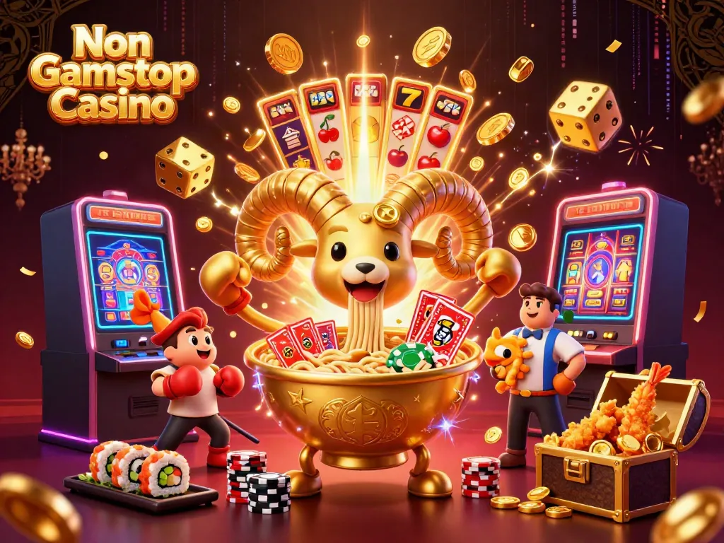 Engage with the vibrant Non Gamstop Casino scene featuring a golden ramen bowl dealer surrounded by lively elements.