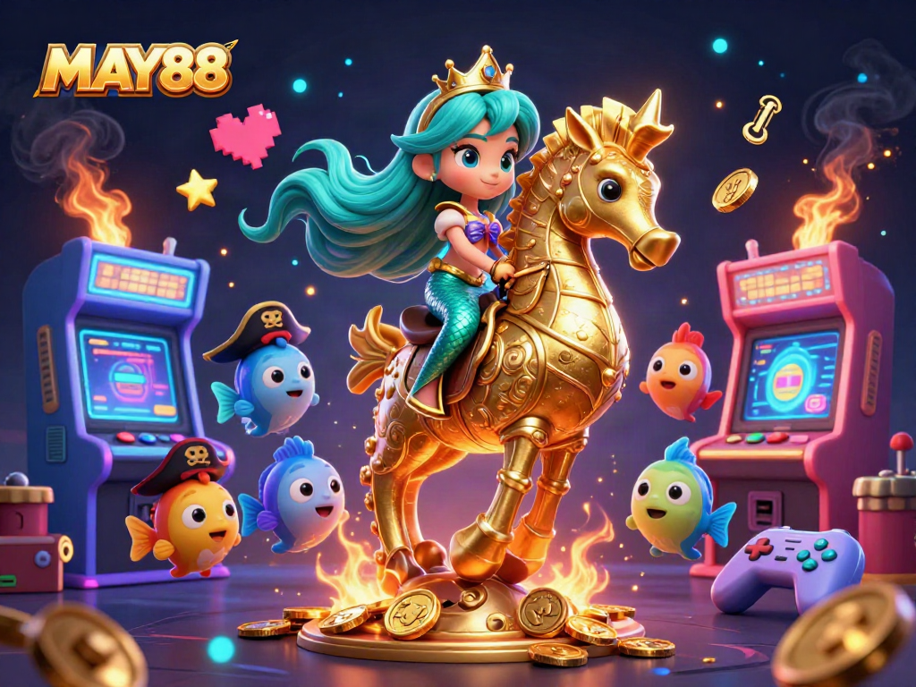 MAY88 captures the excitement of online gambling with a vibrant 3D scene featuring a mermaid and seahorse.
