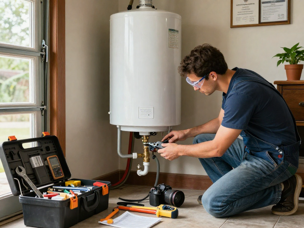 Expert water heater repair Fort Worth technician fixing unit in garage, showcasing tools and inviting atmosphere.