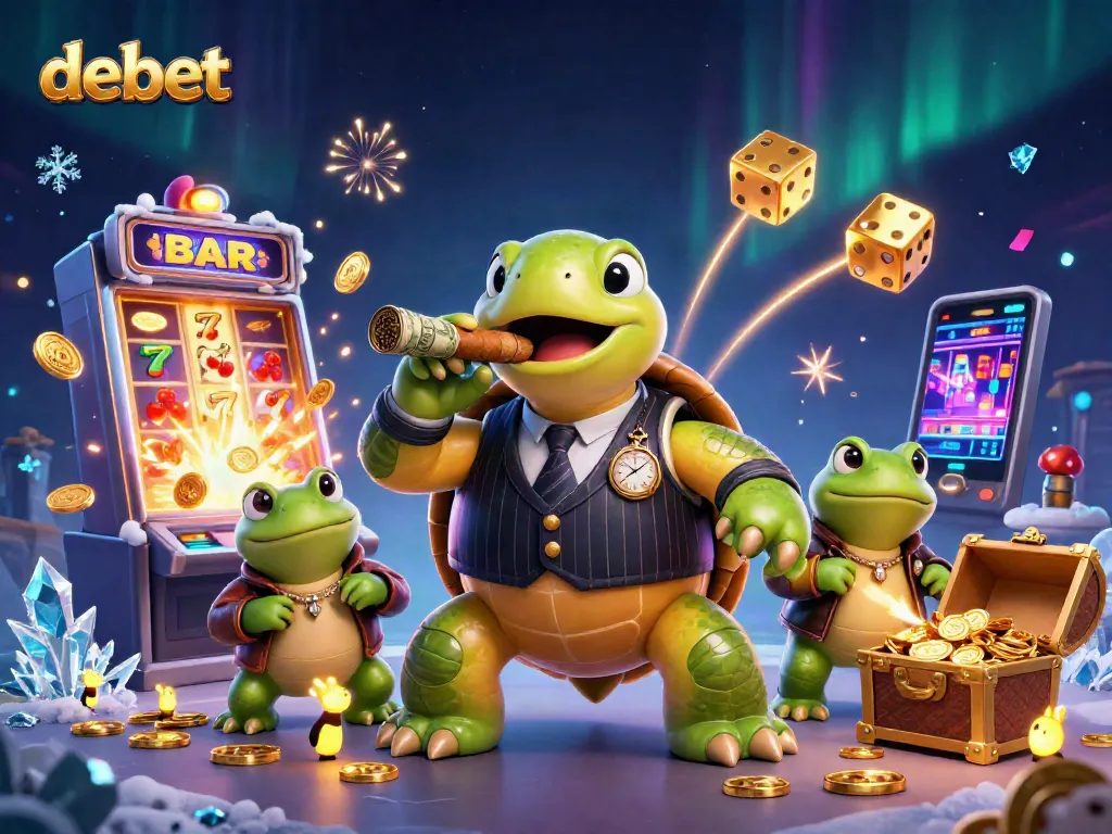 Join debet in an electrifying casino scene featuring a snapping turtle mobster and game elements.