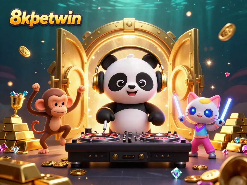 Experience the vibrant world of 8xbetwin with a DJ panda, dancing monkey, and rave kitten amidst gold treasures.
