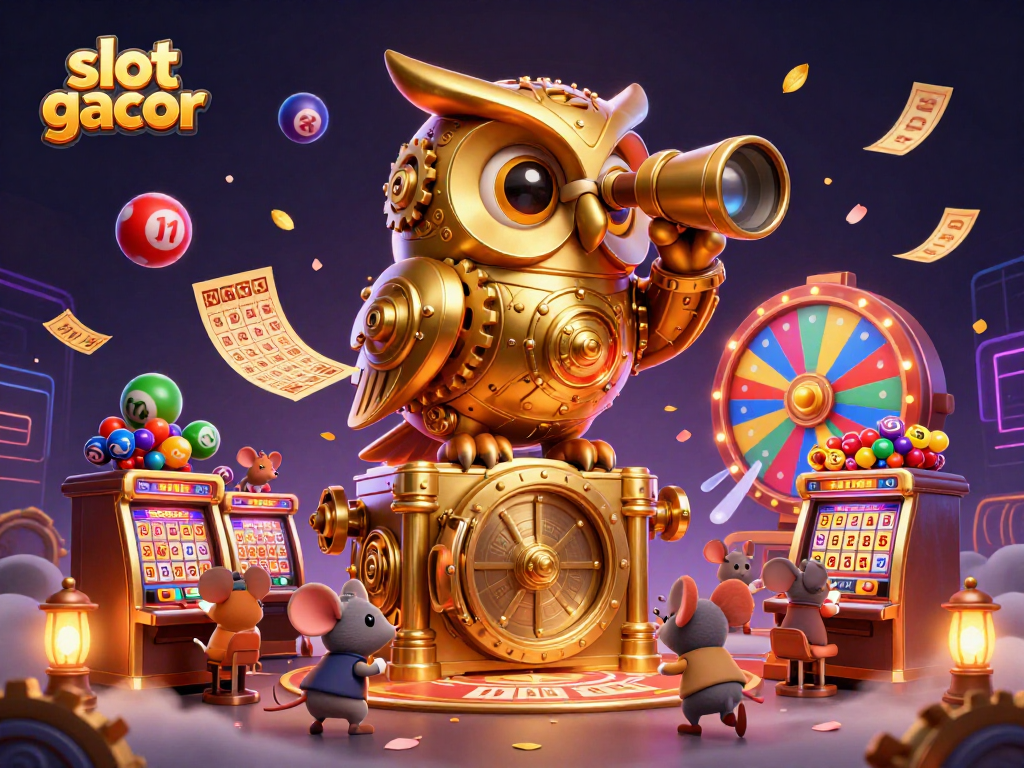 Experience the excitement of slot gacor with a whimsical casino scene featuring a golden owl and animated mice.