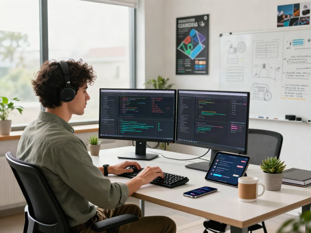 Dynamic tech workspace with a developer coding in a bright setting, illustrating spicy ai solutions for modern software.