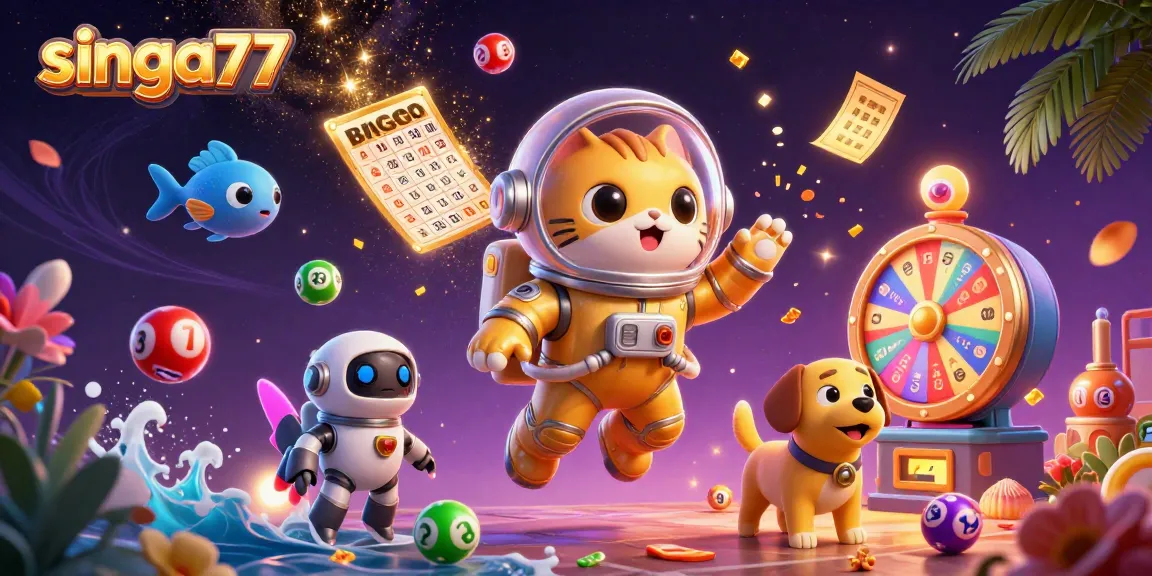 Singa77 captures excitement with a vibrant lottery scene featuring characters in a cosmic environment.