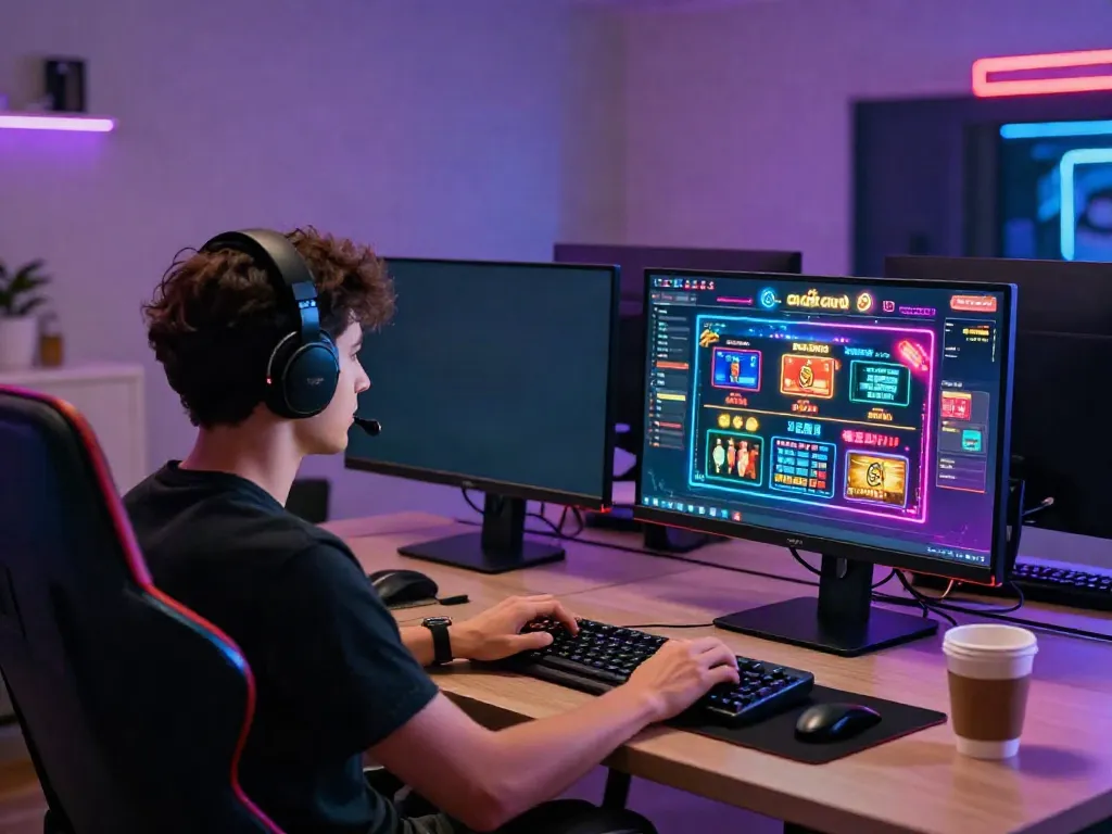 Player enjoying credit card casinos on multi-monitor setup, showcasing vibrant game graphics.