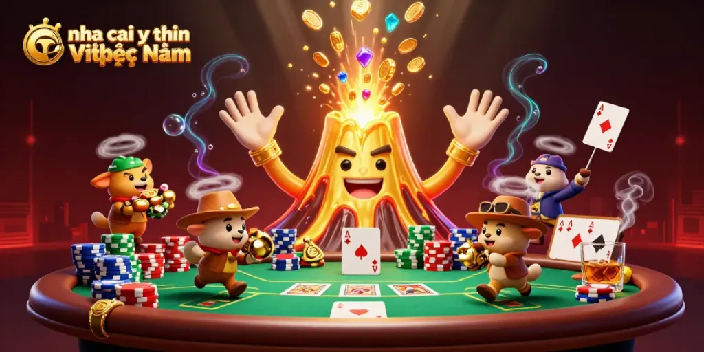 Experience the excitement of nha cai uy tin Việt Nam with a vibrant casino scene filled with golden treasures and poker elements.