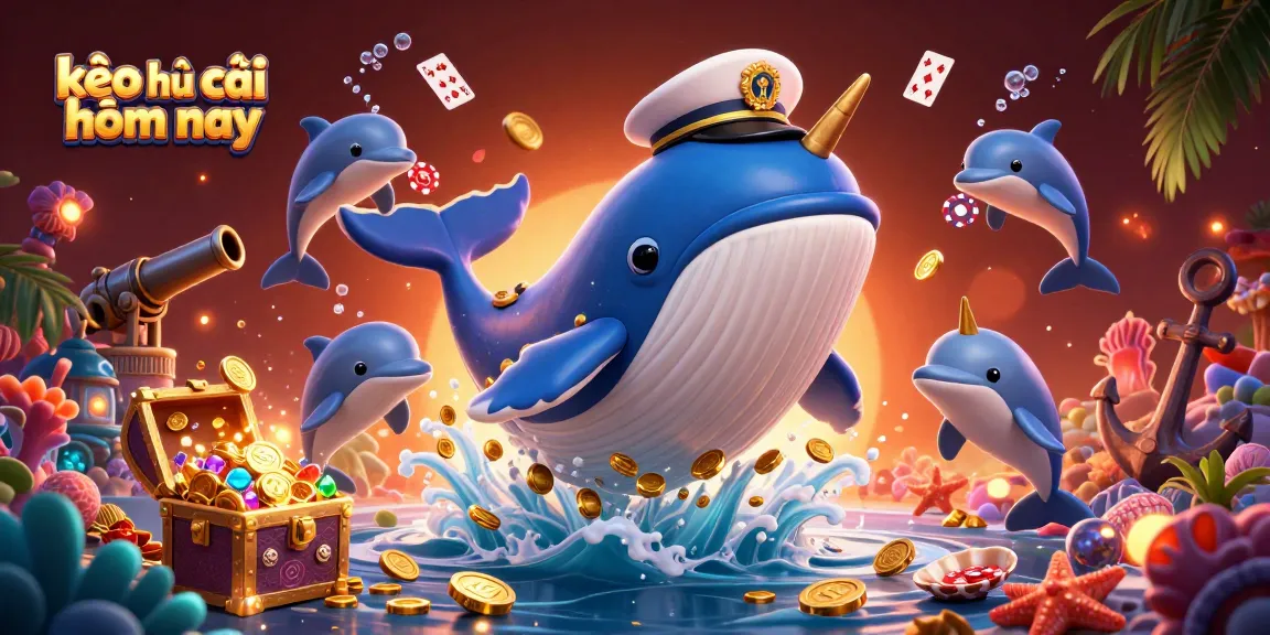 Experience kèo nhà cái hôm nay with a vibrant illustration of a giant whale breaching through gold coins in a casino-themed underwater scene.