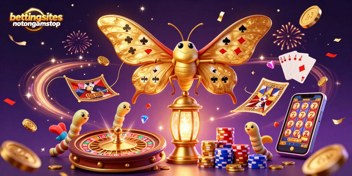 BettingSitesNotOnGamStop features a vibrant 3D scene with an atlas moth displaying playing card suits amidst casino elements.