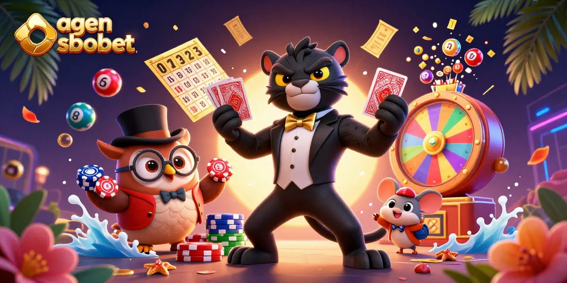 Bet on agen sbobet with a stylish panther dealer and fun gaming elements in a vibrant casino scene.