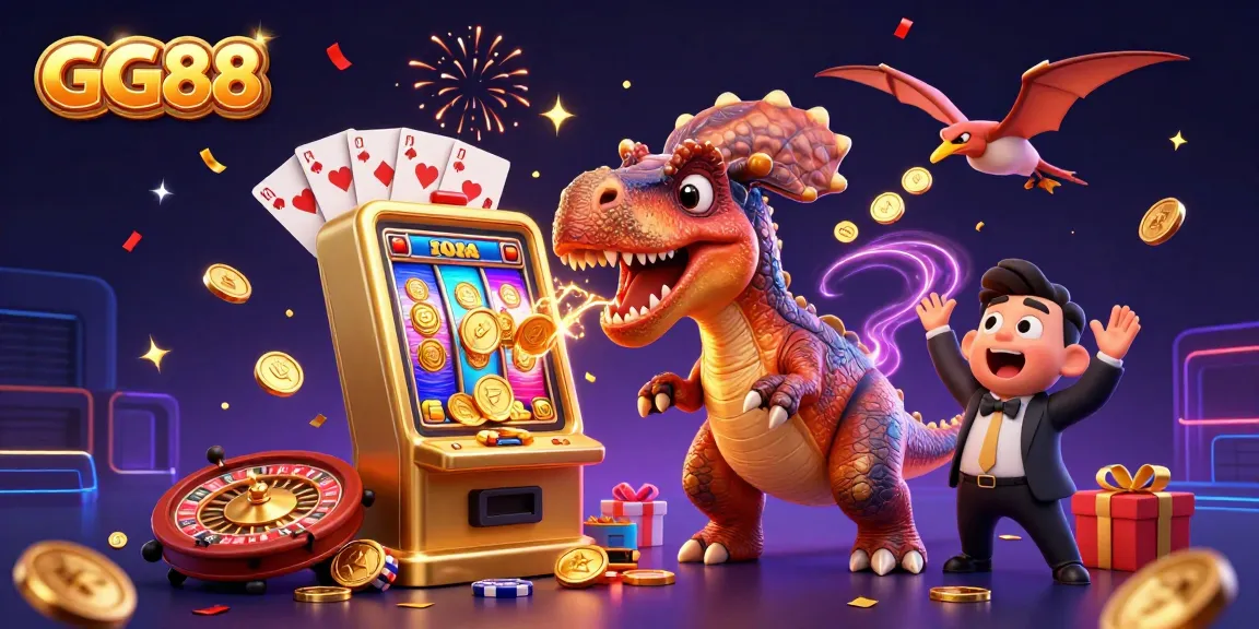 Experience GG88 excitement with a pachycephalosaurus winning jackpot coins from a golden slot machine in a vibrant casino scene.