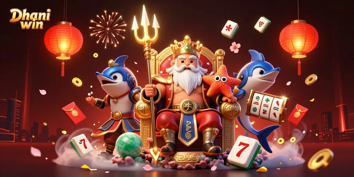 Dhani win features a vibrant 3D scene with Neptune, gameplay elements, and festive decorations.