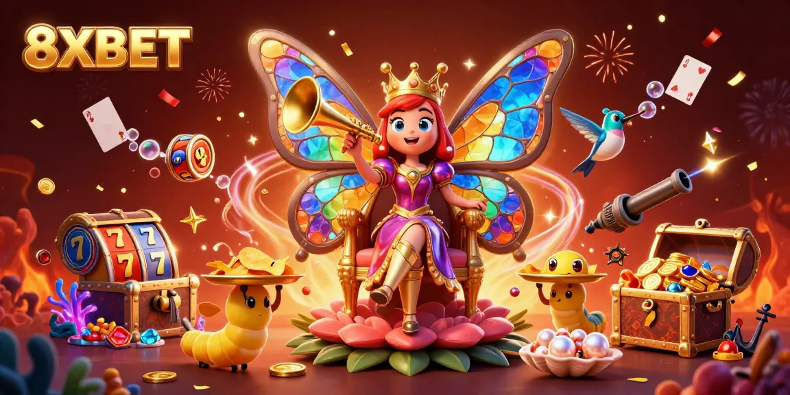 Experience the excitement of 8XBET with colorful slots and dynamic casino elements in a vibrant 3D scene.
