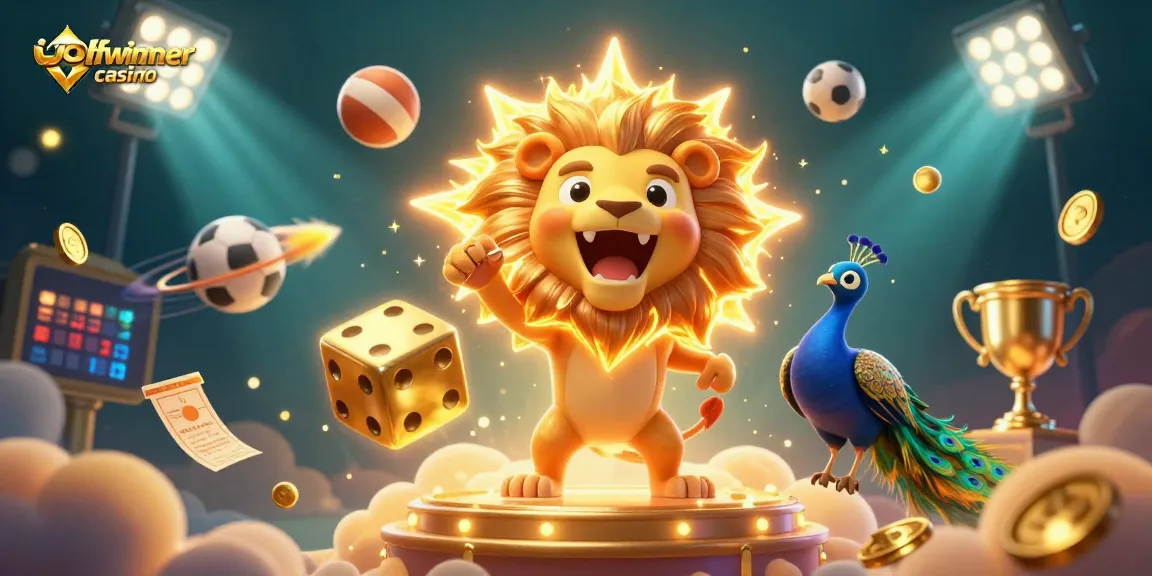 Engage with wolfwinner casino in a vibrant 3D scene filled with sports betting elements and golden visuals.