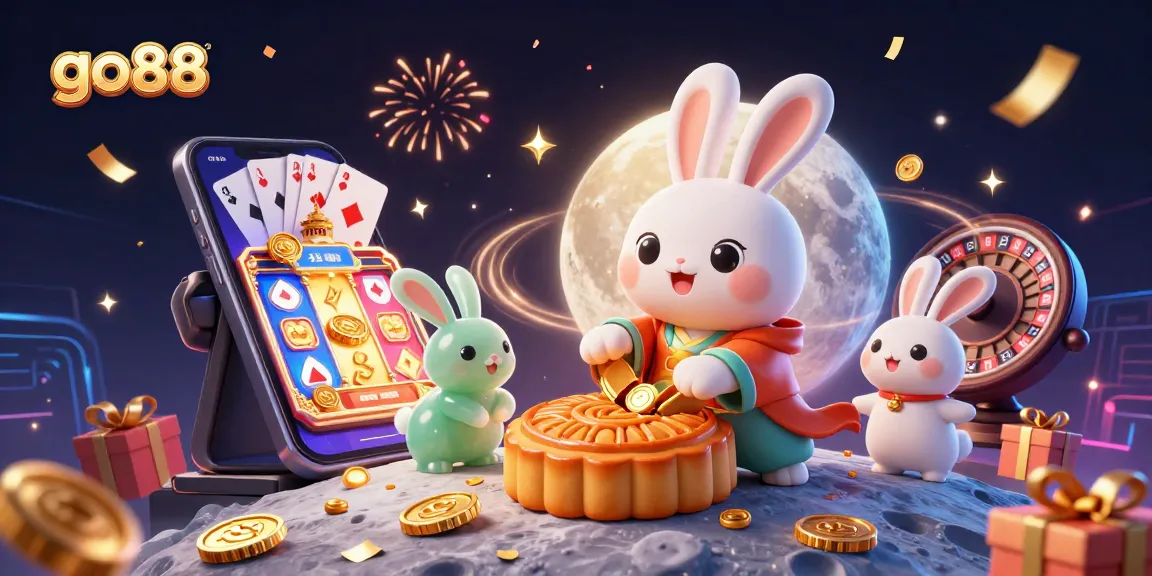 Engage in thrilling games at go88, where a moon rabbit celebrates with poker chips and festive elements.