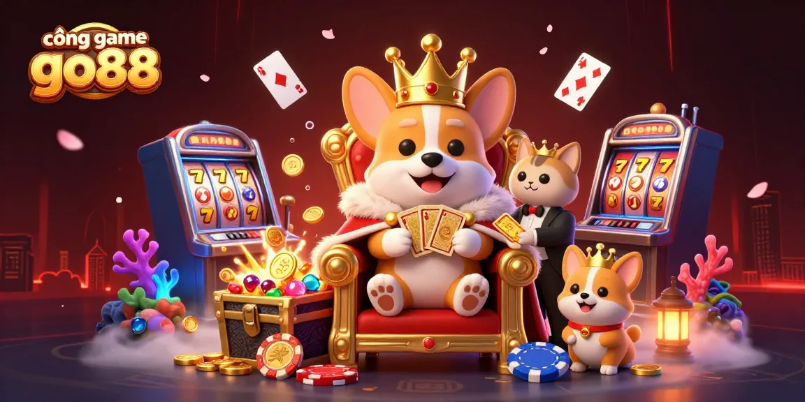 Engage with cổng game go88 through vibrant casino elements including a royal corgi on poker chips.