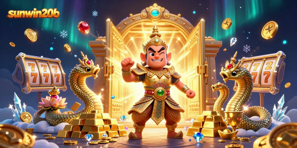 Experience the magic of sunwin20b with a vibrant casino-themed illustration featuring treasure and gambling action.